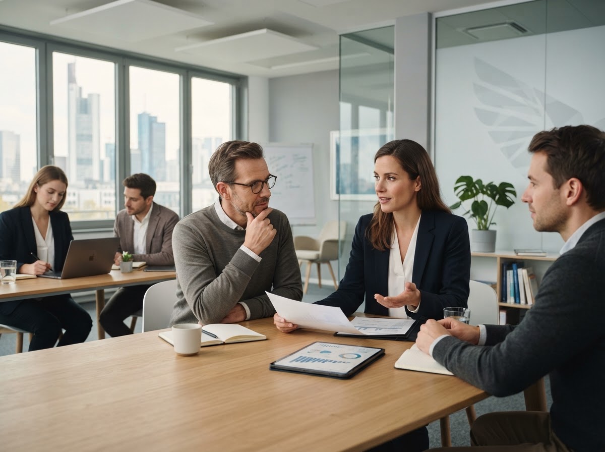 Falcon team reviewing data-driven investment analysis on screen